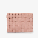 A rectangular woven clutch bag in a dusty pink color, featuring a textured basketweave pattern, set against a plain white background.