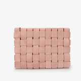 A rectangular woven clutch bag in a dusty pink color, featuring a textured basketweave pattern, set against a plain white background.