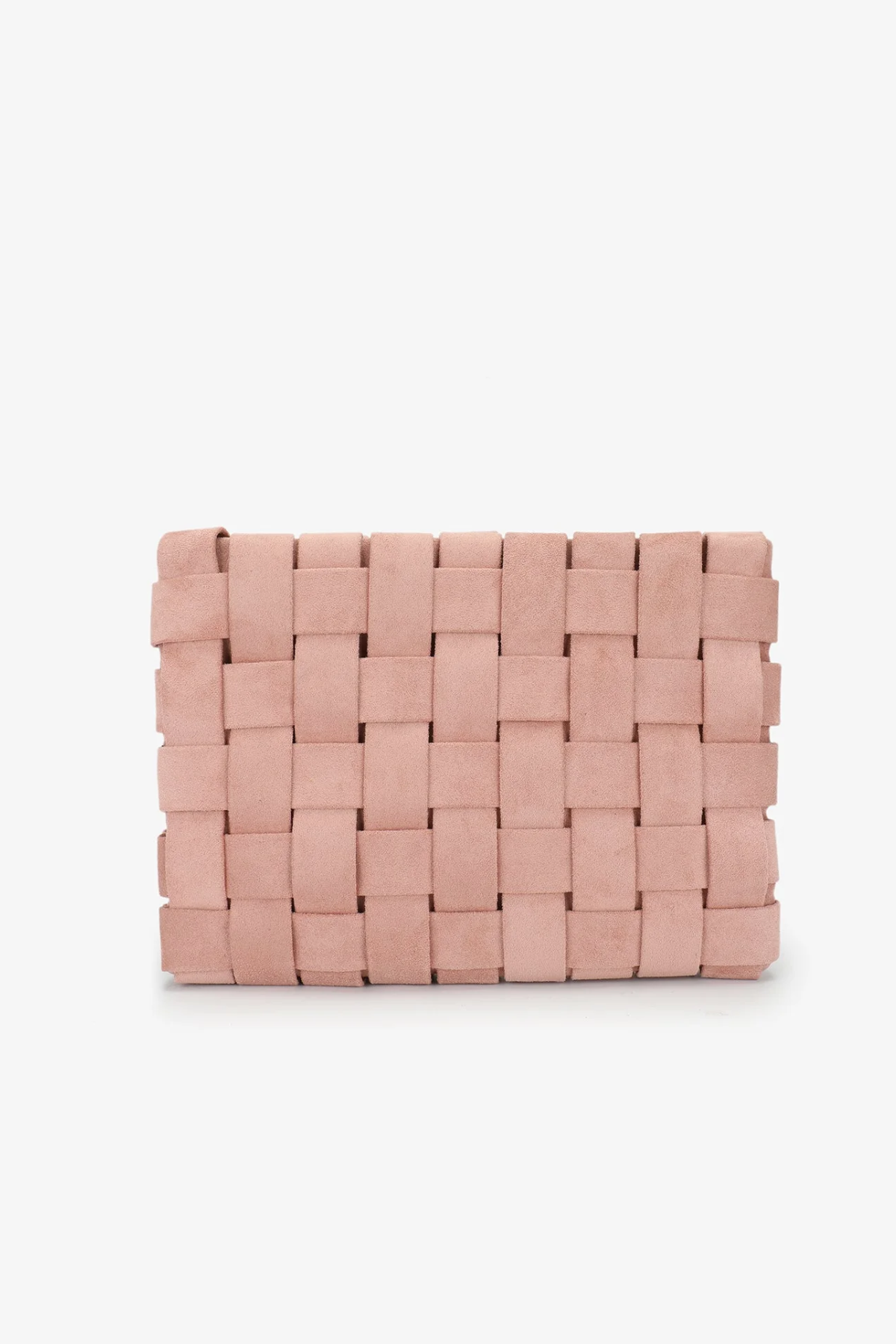 A rectangular woven clutch bag in a dusty pink color, featuring a textured basketweave pattern, set against a plain white background.