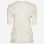 An off-white ribbed knit short-sleeve top with a crew neck, shown from the back on a light gray background.
