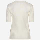 An off-white ribbed knit short-sleeve top with a crew neck, shown from the back on a light gray background.