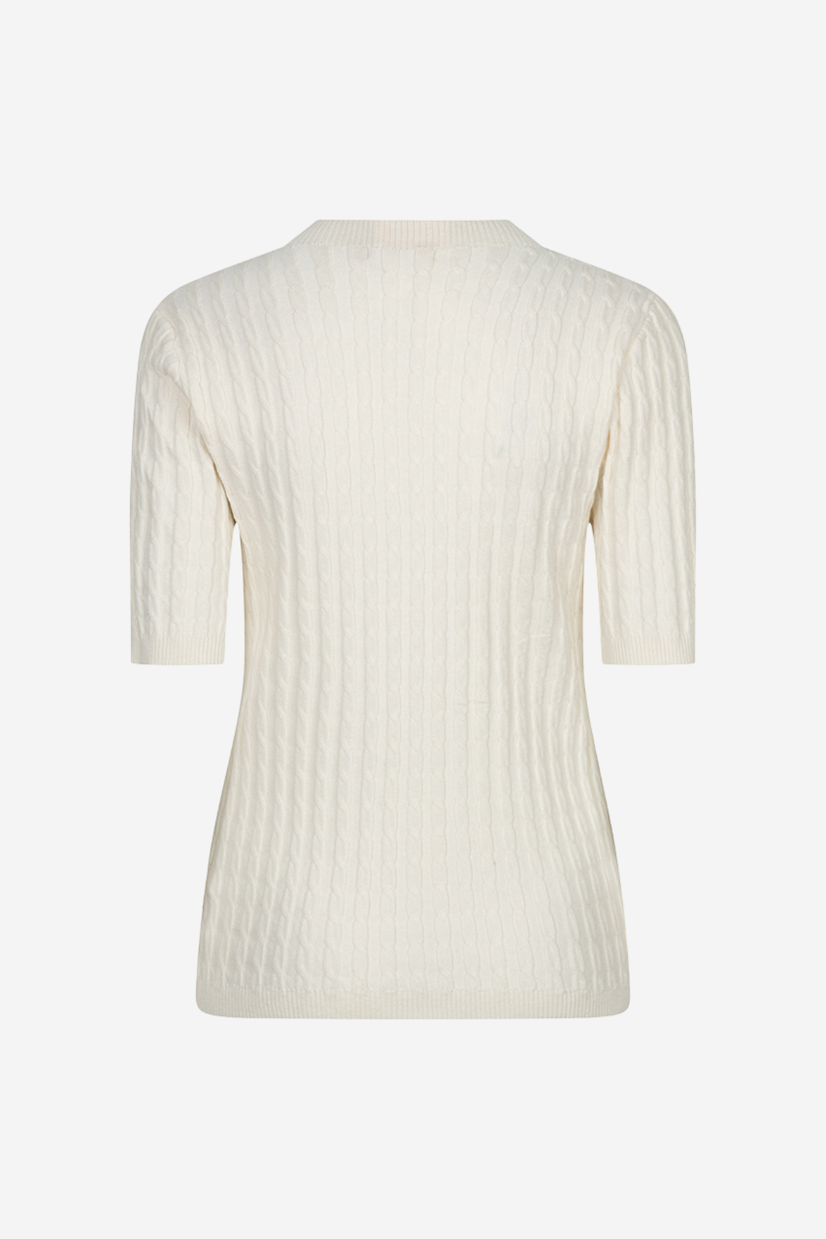 An off-white ribbed knit short-sleeve top with a crew neck, shown from the back on a light gray background.
