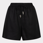 Black shorts with decorative elements on a white background