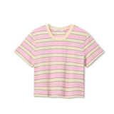 Pink and beige striped t-shirt on a white background