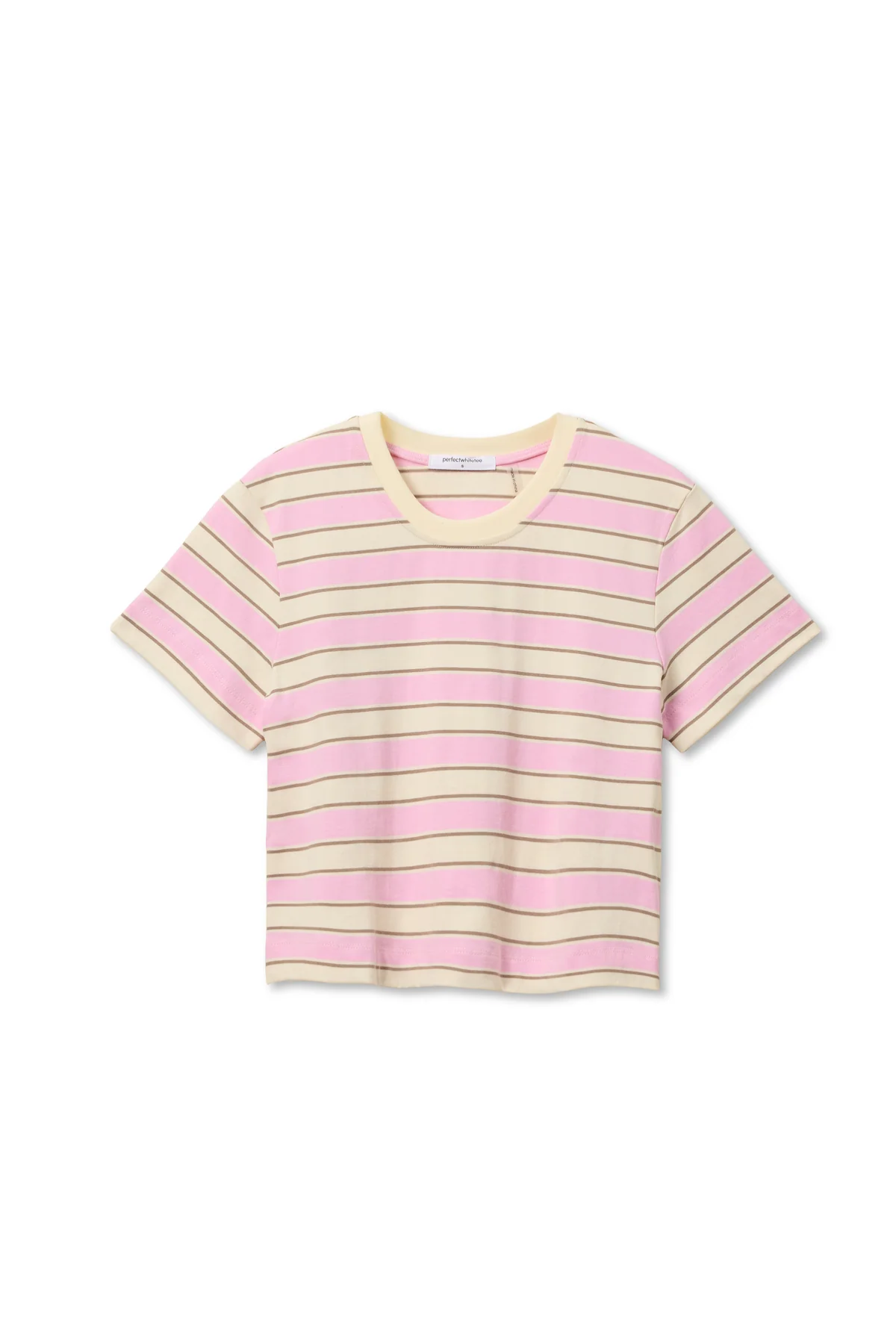 Pink and beige striped t-shirt on a white background