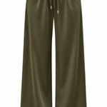 Olive green wide-leg pants with an elastic drawstring waistband, shown on a plain white background.