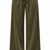 Olive green wide-leg pants with an elastic drawstring waistband, shown on a plain white background.