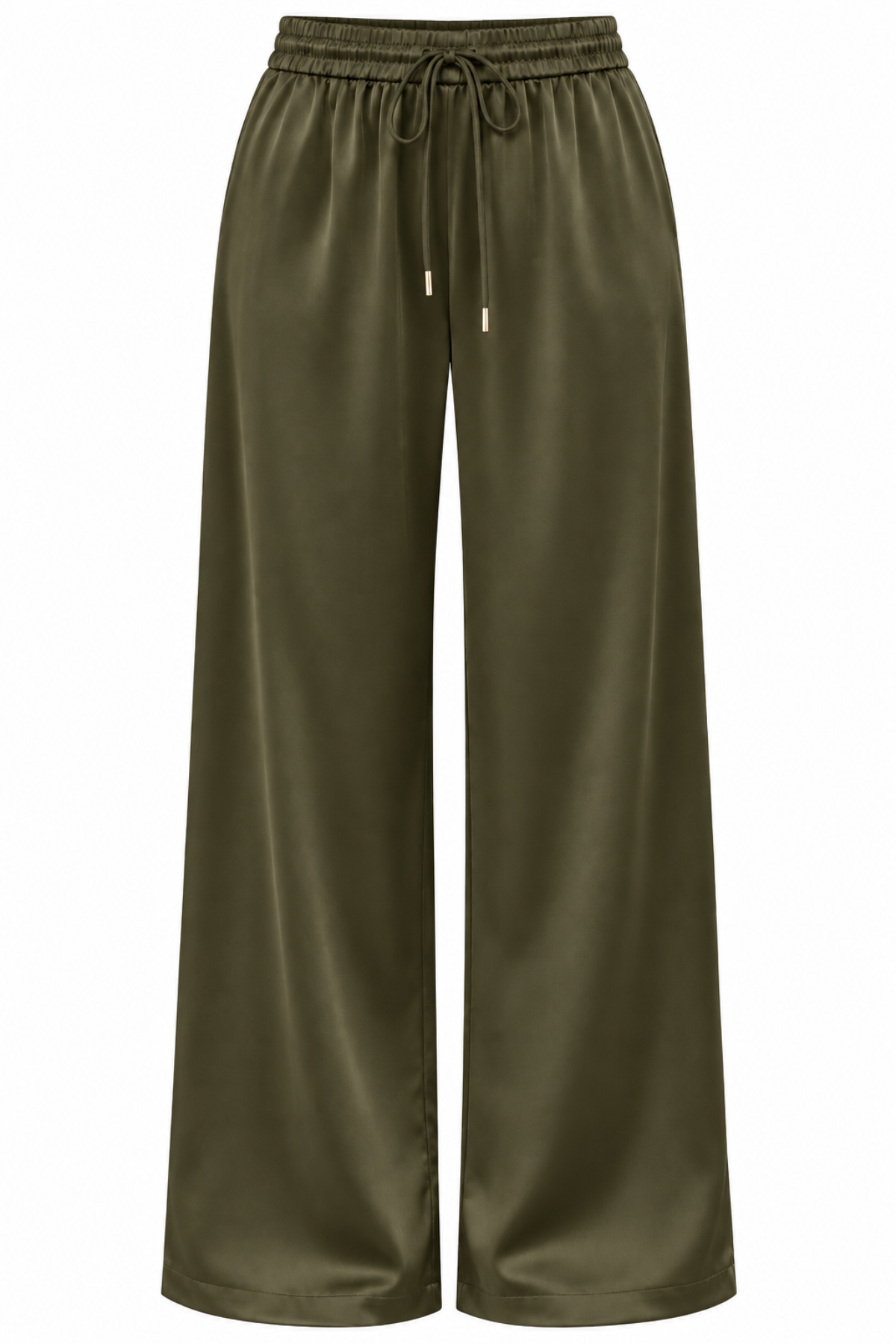 Olive green wide-leg pants with an elastic drawstring waistband, shown on a plain white background.
