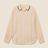 striped button down on tan background 