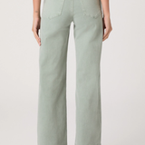 Person wearing light green wide-leg jeans on a plain background