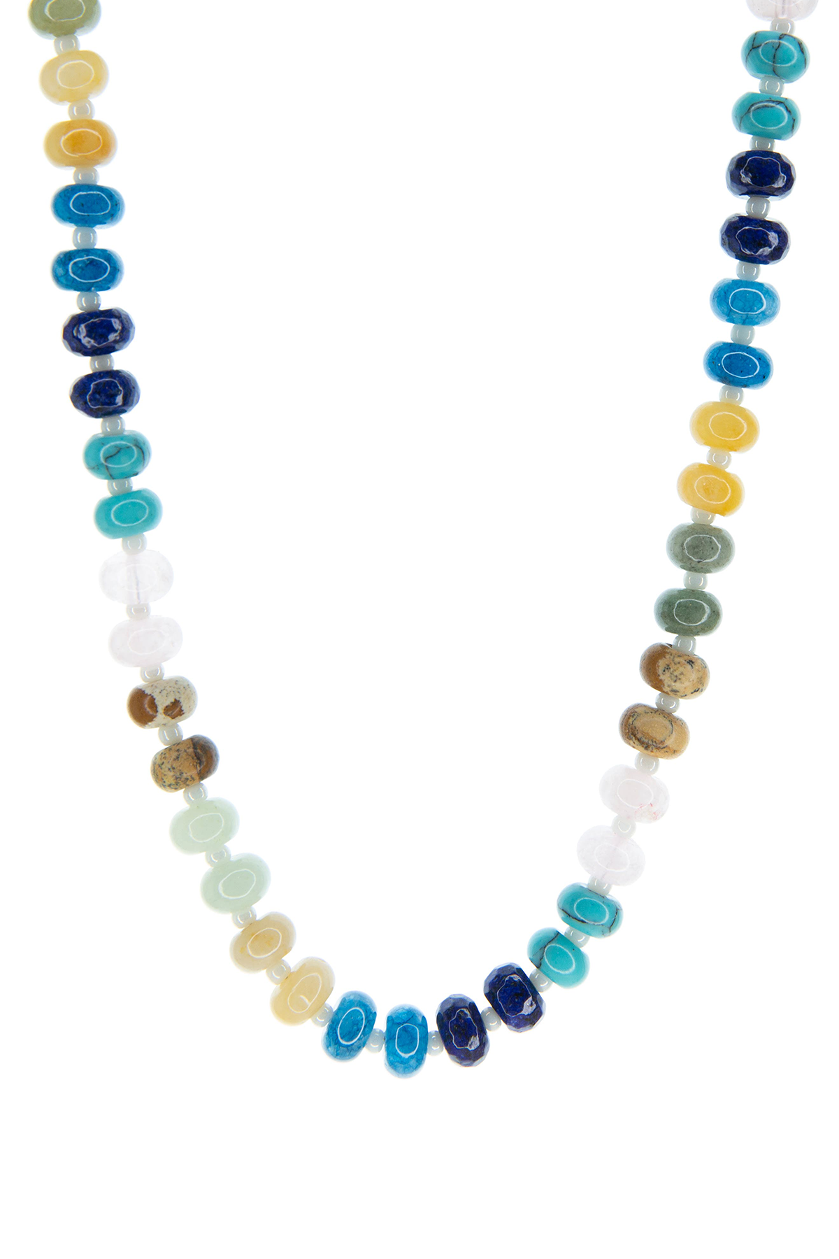 Necklace with multicolored beads on a white background
