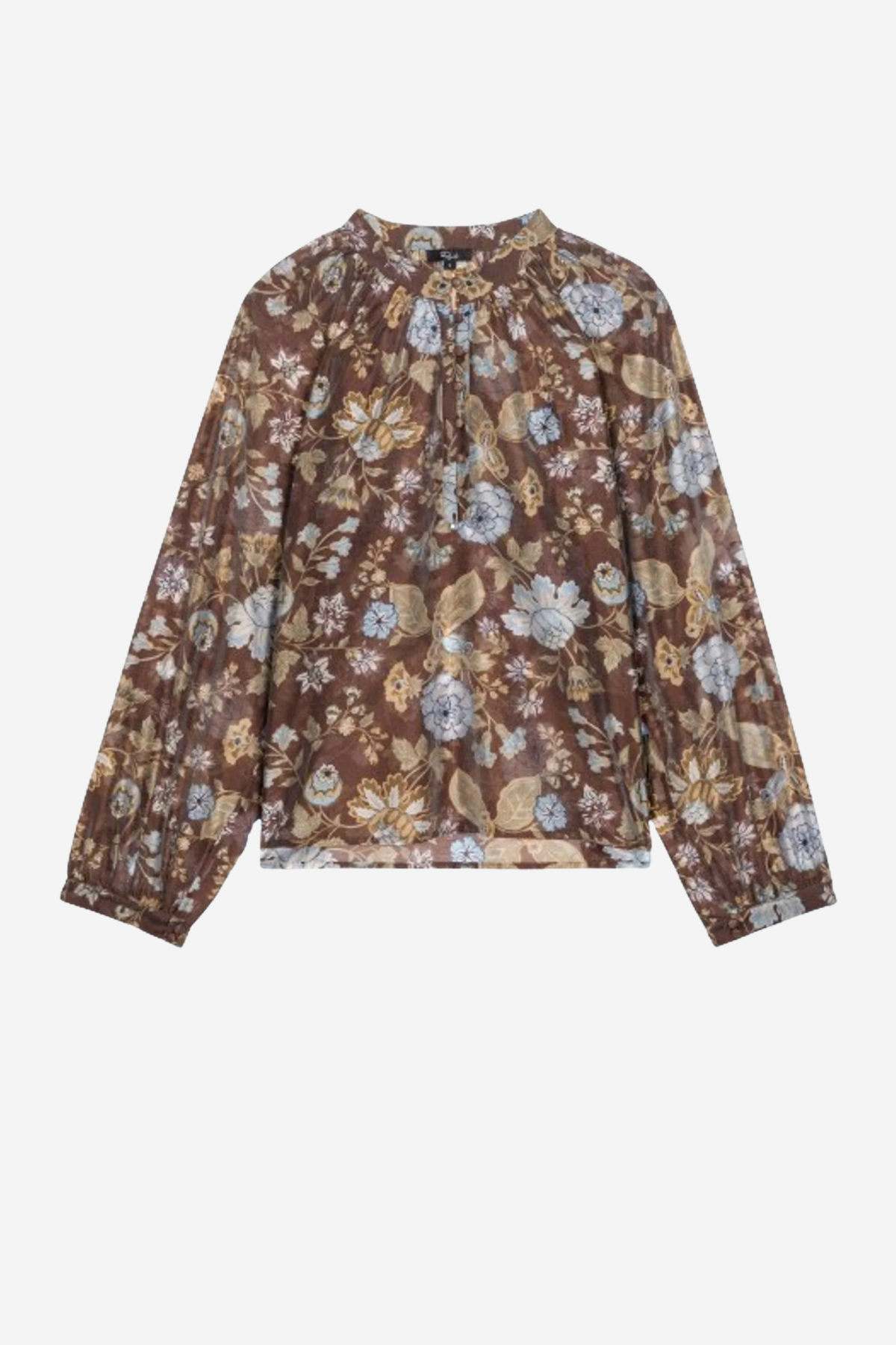 A long-sleeve blouse with a brown base and an all-over floral print in muted blue, beige, and gold tones, displayed flat against a light gray background.