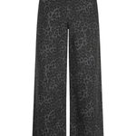 Wide-leg trousers in a dark gray and black leopard print pattern, shown against a plain white background.