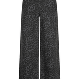 Wide-leg trousers in a dark gray and black leopard print pattern, shown against a plain white background.