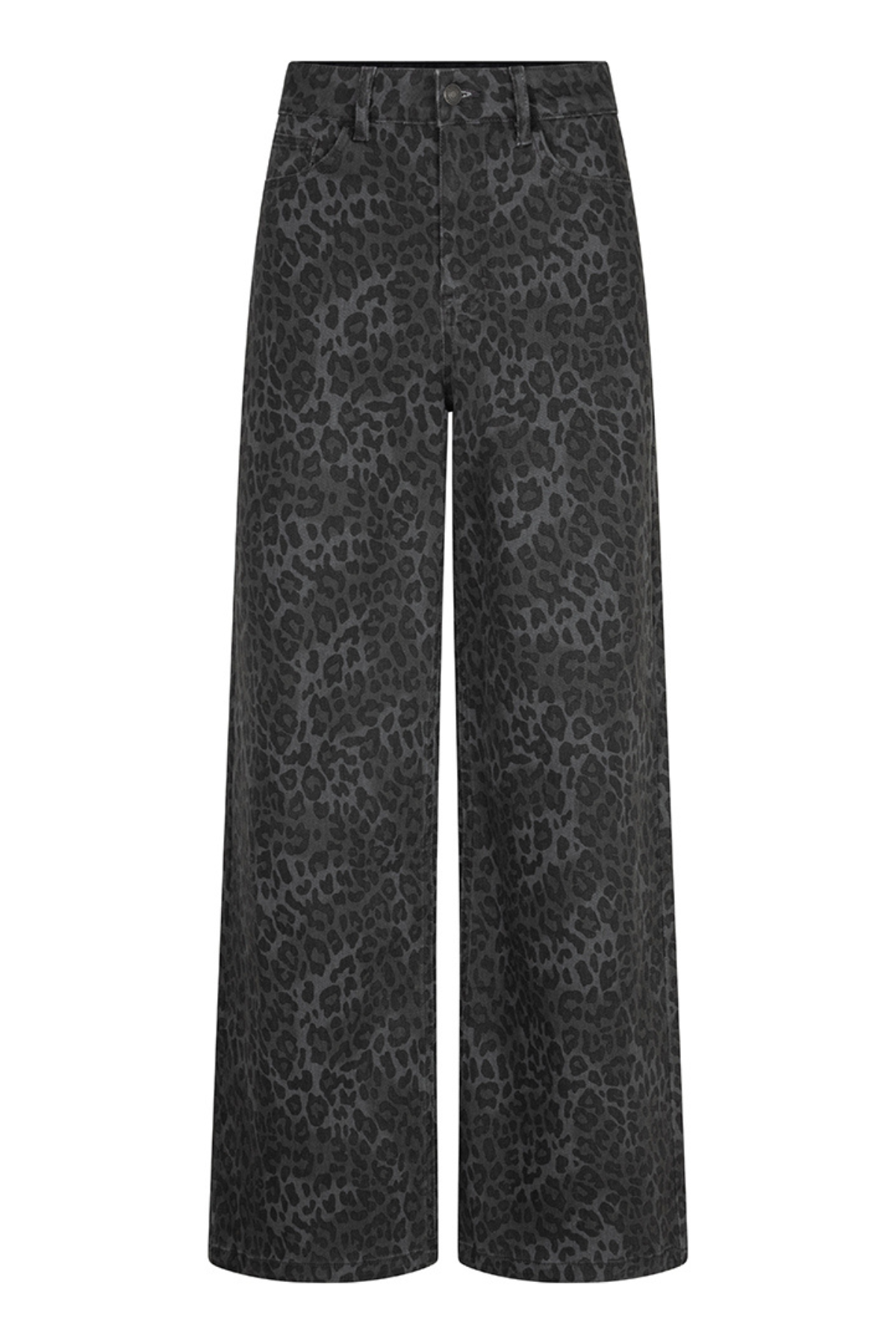 Wide-leg trousers in a dark gray and black leopard print pattern, shown against a plain white background.