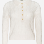An off-white textured knit polo cardigan sweater with a buttoned henley neckline, shown on a light gray background.