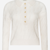 An off-white textured knit polo cardigan sweater with a buttoned henley neckline, shown on a light gray background.