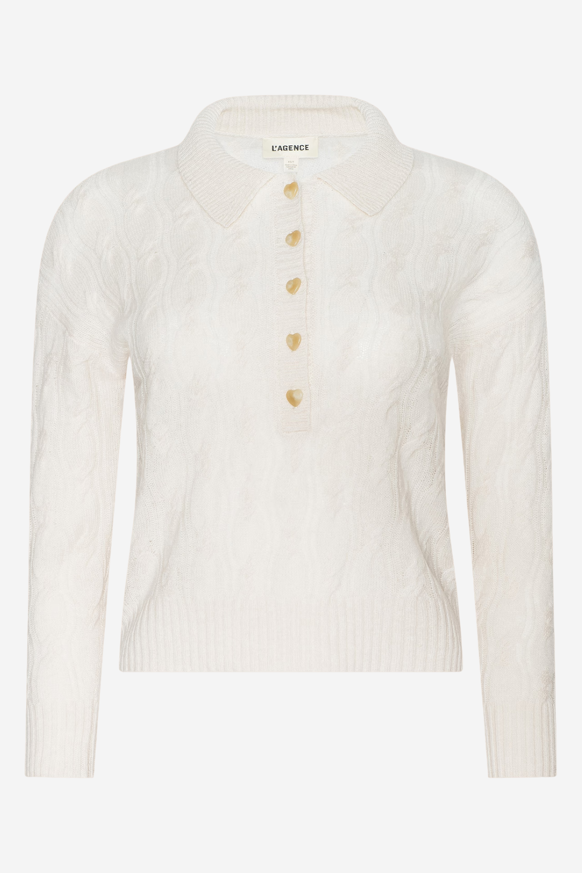 An off-white textured knit polo cardigan sweater with a buttoned henley neckline, shown on a light gray background.
