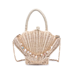 Woven handbag shaped like a shell with a chain strap on a white background