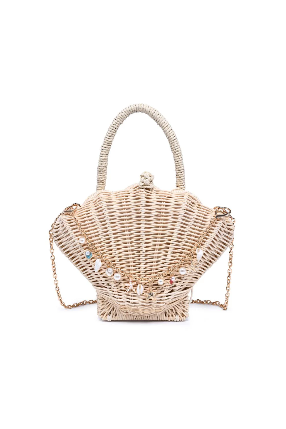 Woven handbag shaped like a shell with a chain strap on a white background