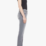Woman wearing grey straight-leg jeans with a soft, structured fit and clean lines