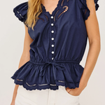 Navy blue top with ruffled sleeves and hem on a white background
