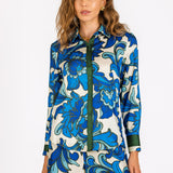 Printed blouse with fluid drape and vibrant pattern