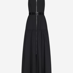 A black sleeveless midi dress with thin shoulder straps, a front zipper, a matching black belt with a silver buckle, and a tiered skirt, shown against a light gray background.