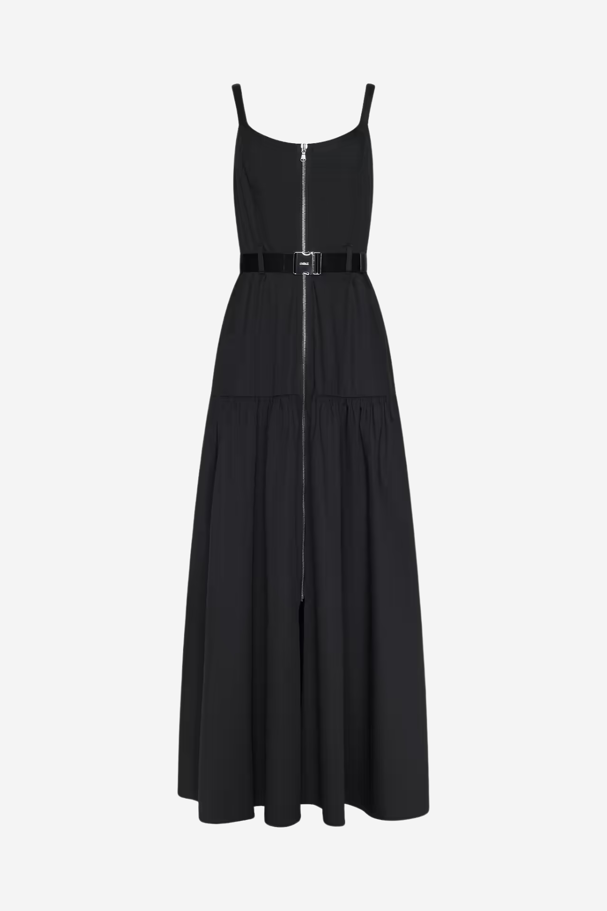 A black sleeveless midi dress with thin shoulder straps, a front zipper, a matching black belt with a silver buckle, and a tiered skirt, shown against a light gray background.