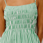 Green and white striped dress worn by a person
