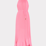 Pink halter neck dress on a white background