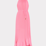 Pink halter neck dress on a white background