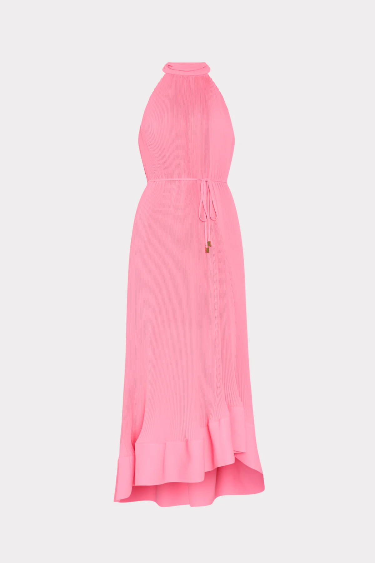 Pink halter neck dress on a white background