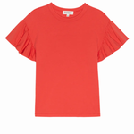 Red t-shirt with ruffled sleeves on a white background