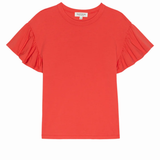 Red t-shirt with ruffled sleeves on a white background