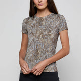 Short-sleeve crewneck top with a small-scale paisley print