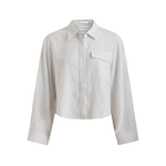 A cropped long-sleeve button-up shirt with vertical white and gray stripes, featuring a single chest pocket, shown on a plain white background.