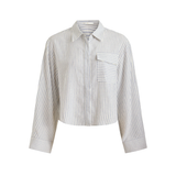 A cropped long-sleeve button-up shirt with vertical white and gray stripes, featuring a single chest pocket, shown on a plain white background.