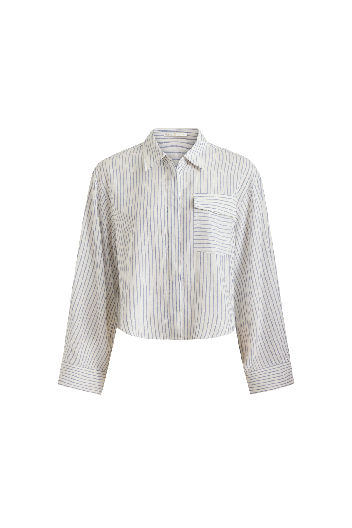 A cropped long-sleeve button-up shirt with vertical white and gray stripes, featuring a single chest pocket, shown on a plain white background.