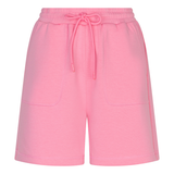 Pink shorts with a drawstring on a white background