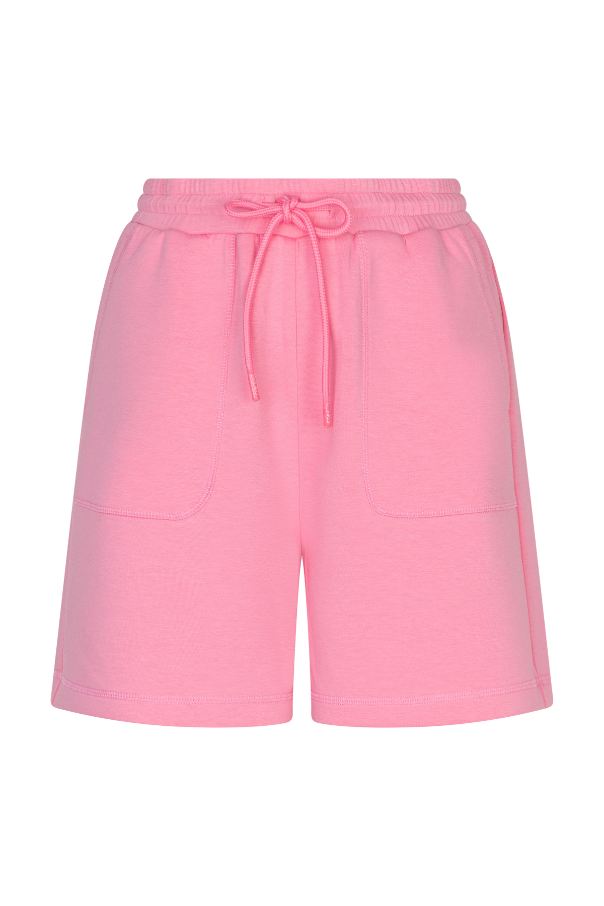 Pink shorts with a drawstring on a white background