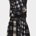 A sleeveless high-neck plaid dress with a wrap-style draped bodice and a matching pleated skirt, featuring a self-tie belt with a gold buckle. The dress has a black, white, and gray plaid pattern.