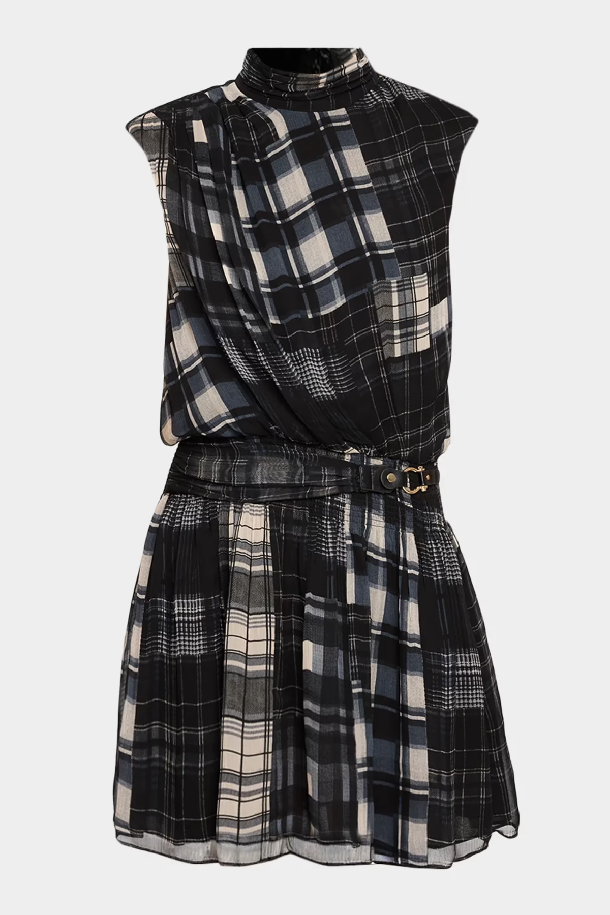 A sleeveless high-neck plaid dress with a wrap-style draped bodice and a matching pleated skirt, featuring a self-tie belt with a gold buckle. The dress has a black, white, and gray plaid pattern.