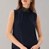 Navy Sleeveless Top with Black Leather Trim