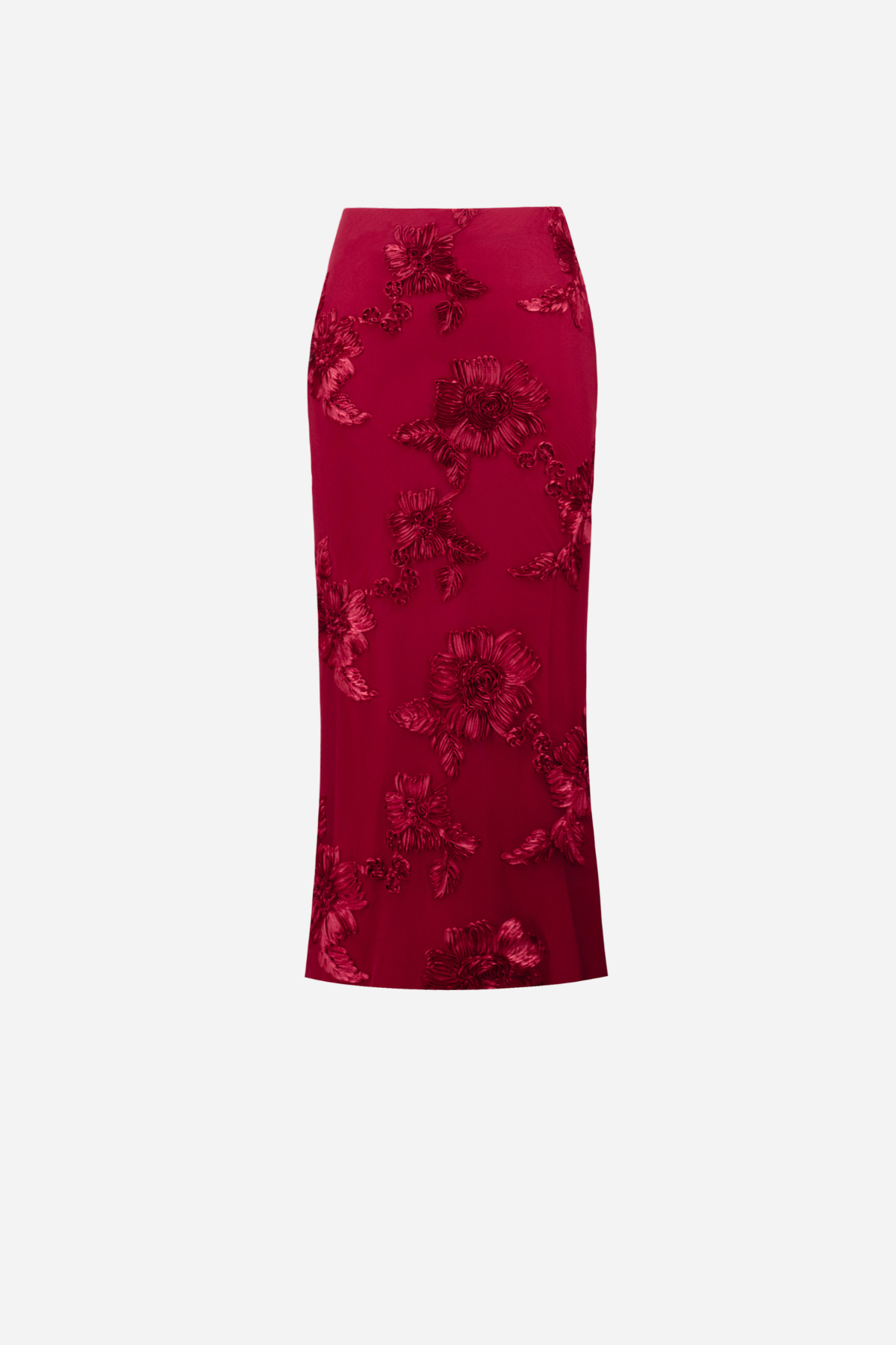 A red midi skirt with a floral jacquard pattern, shown flat against a light gray background.