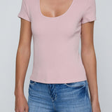 Short-sleeve scoop-neck tee in a soft neutral color.