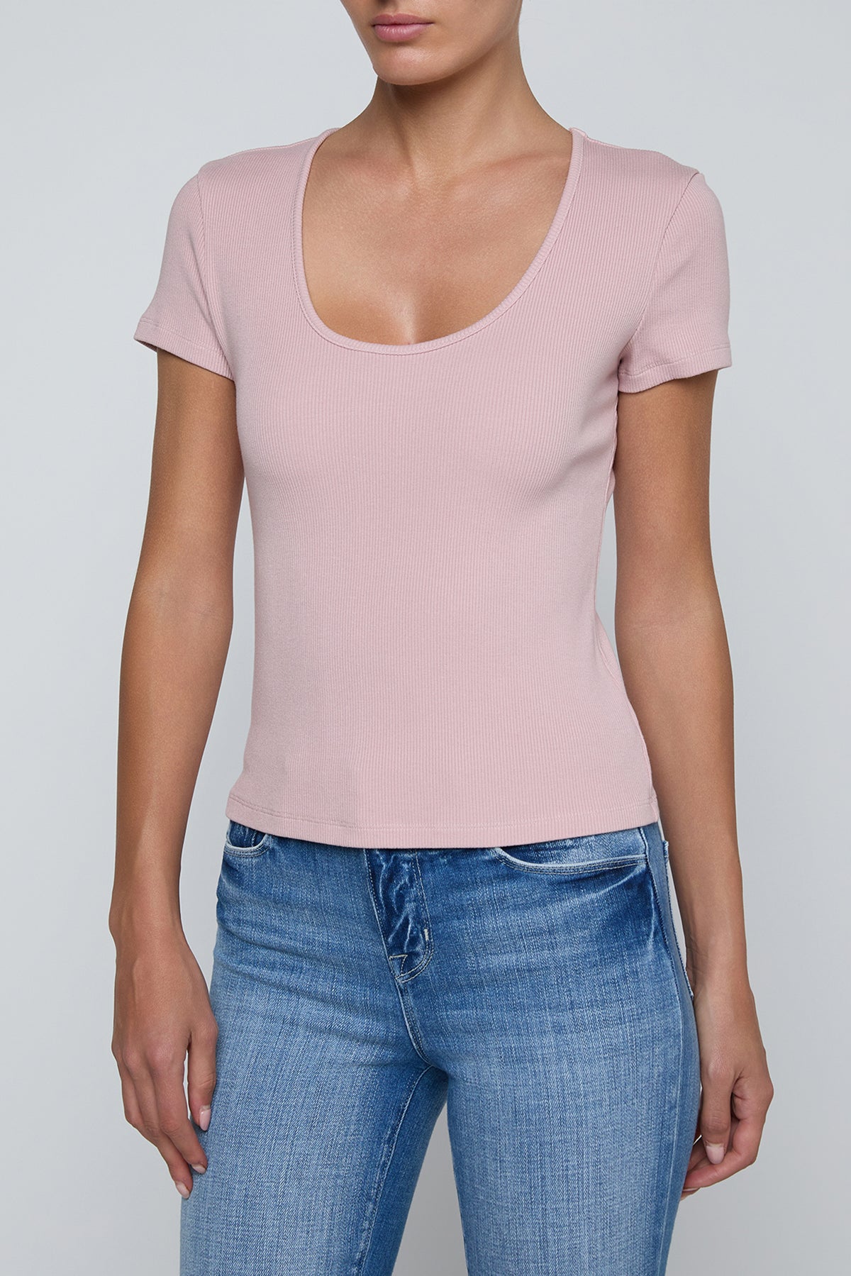 Short-sleeve scoop-neck tee in a soft neutral color.