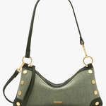 An olive green textured shoulder bag with black leather trim, gold-tone hardware, and a long black shoulder strap, shown against a plain white background.