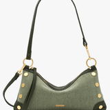 An olive green textured shoulder bag with black leather trim, gold-tone hardware, and a long black shoulder strap, shown against a plain white background.