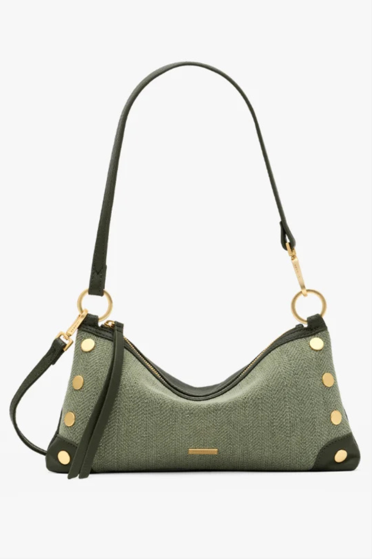 An olive green textured shoulder bag with black leather trim, gold-tone hardware, and a long black shoulder strap, shown against a plain white background.